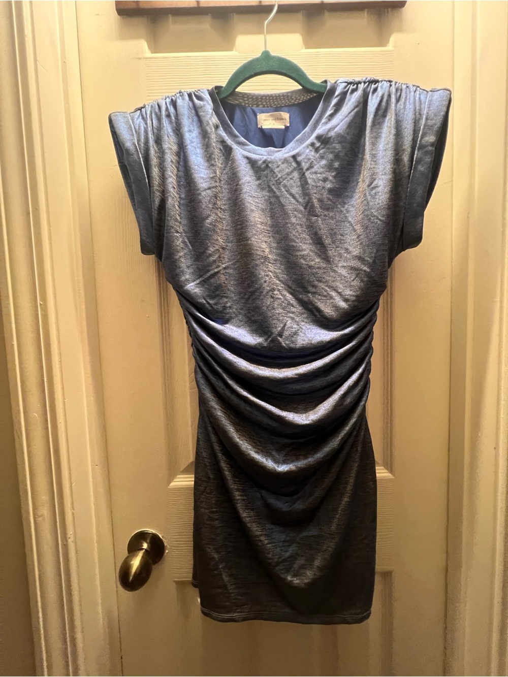 Metallic Slate Blue Ruched Mini Dress - Picture 1 of 4